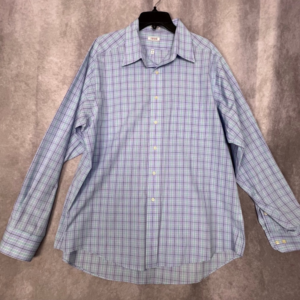 IZOD Dress Shirt Mens 18‎ 36/37 Blue Plaid Excellent Wrinkle Free Twill L/S